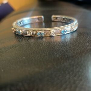 Judith Ripka Sterling with  Silver Narrow Hinged Cuff with CZ /Blue Topaz